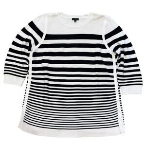 Talbots Graduated Stripes Sweater Large Tunic White Black 3/4 Sleeve Split Hem